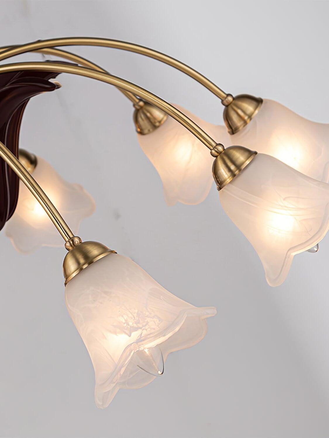 White scalloped glass shades on curved brass arms