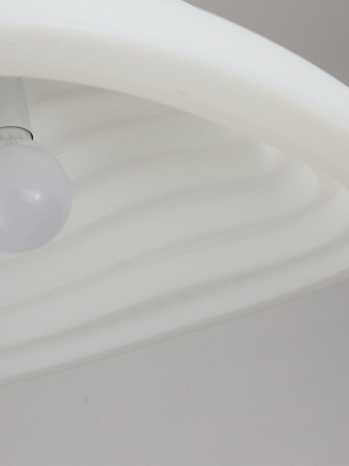 Unlit bulb and layered inner contours beneath the white pendant shade.