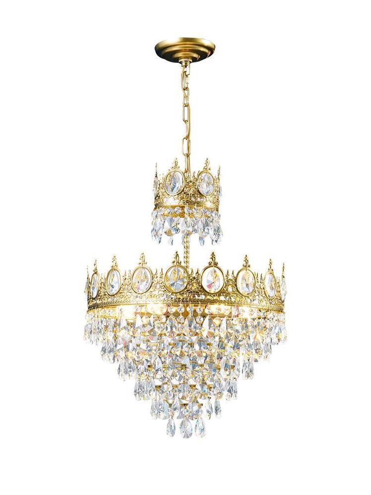 Broad crystal chandelier with an upper crown, chain and round ceiling canopy isolated against white