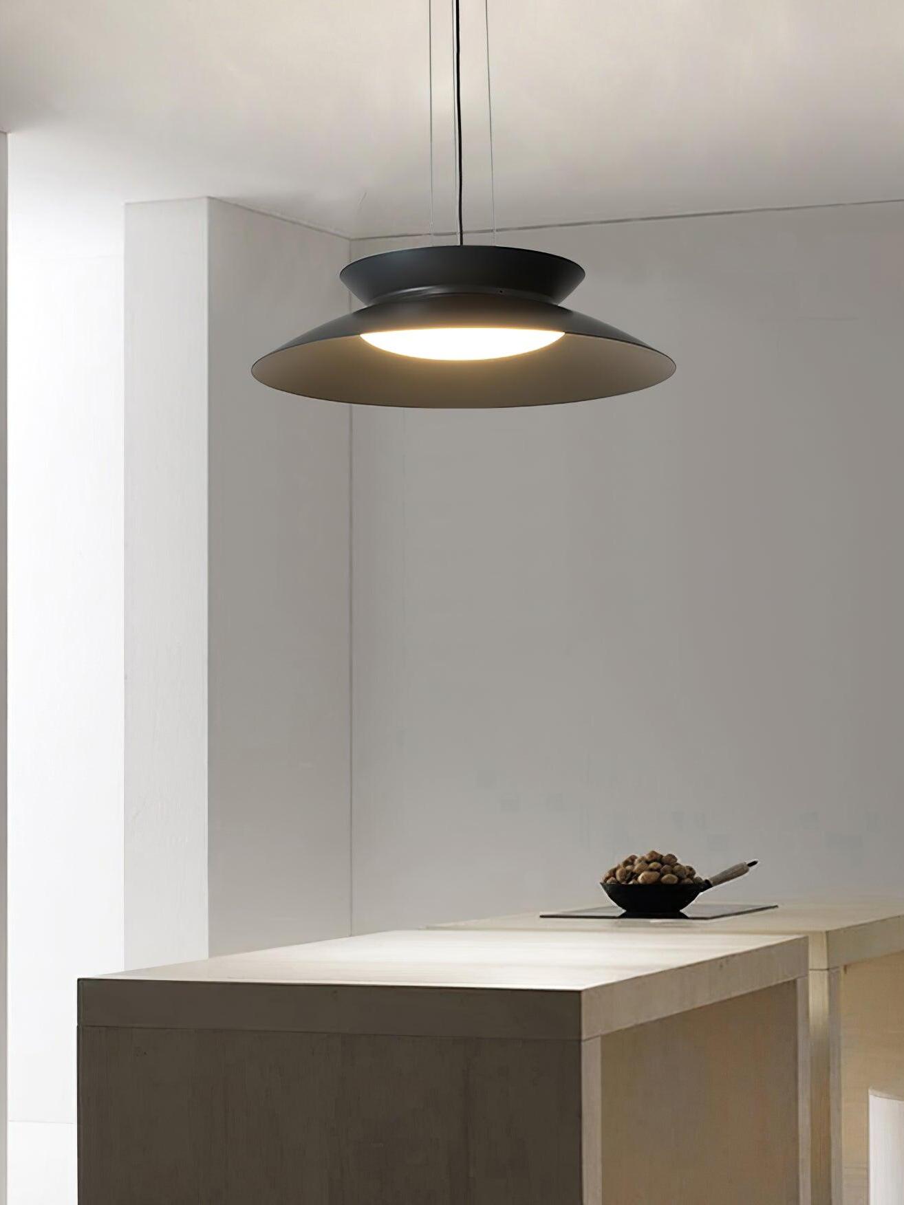 Dark gray layered pendant above kitchen island