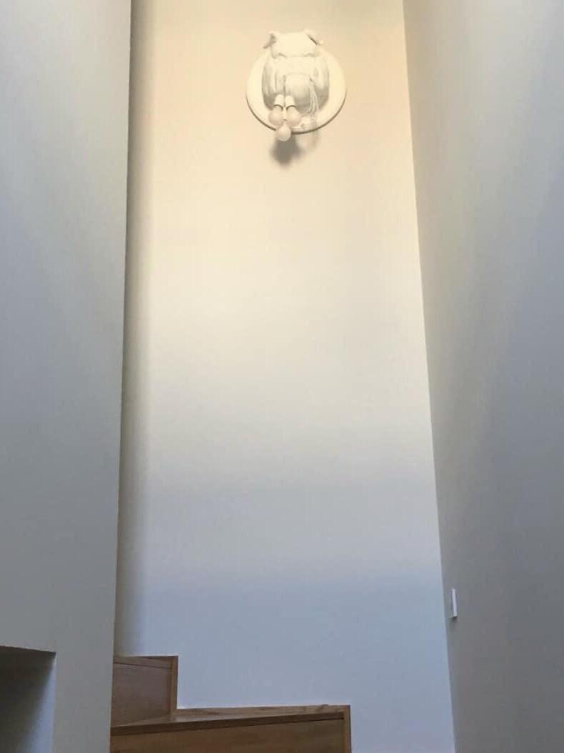 White bulldog wall fixture above a stairway