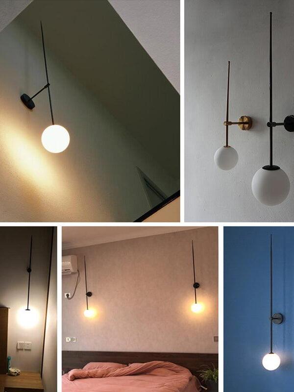 Photo collage of black and gold-tone linear globe wall lights, including individual and paired bedside scenes