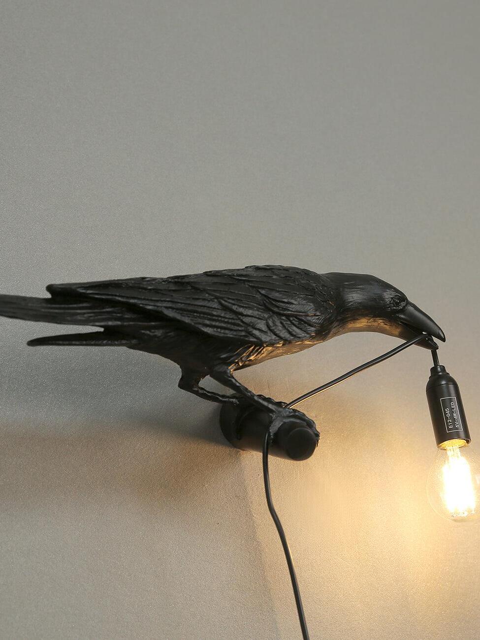 Close black bird facing right with feather detailing, a lit hanging bulb and labelled holder