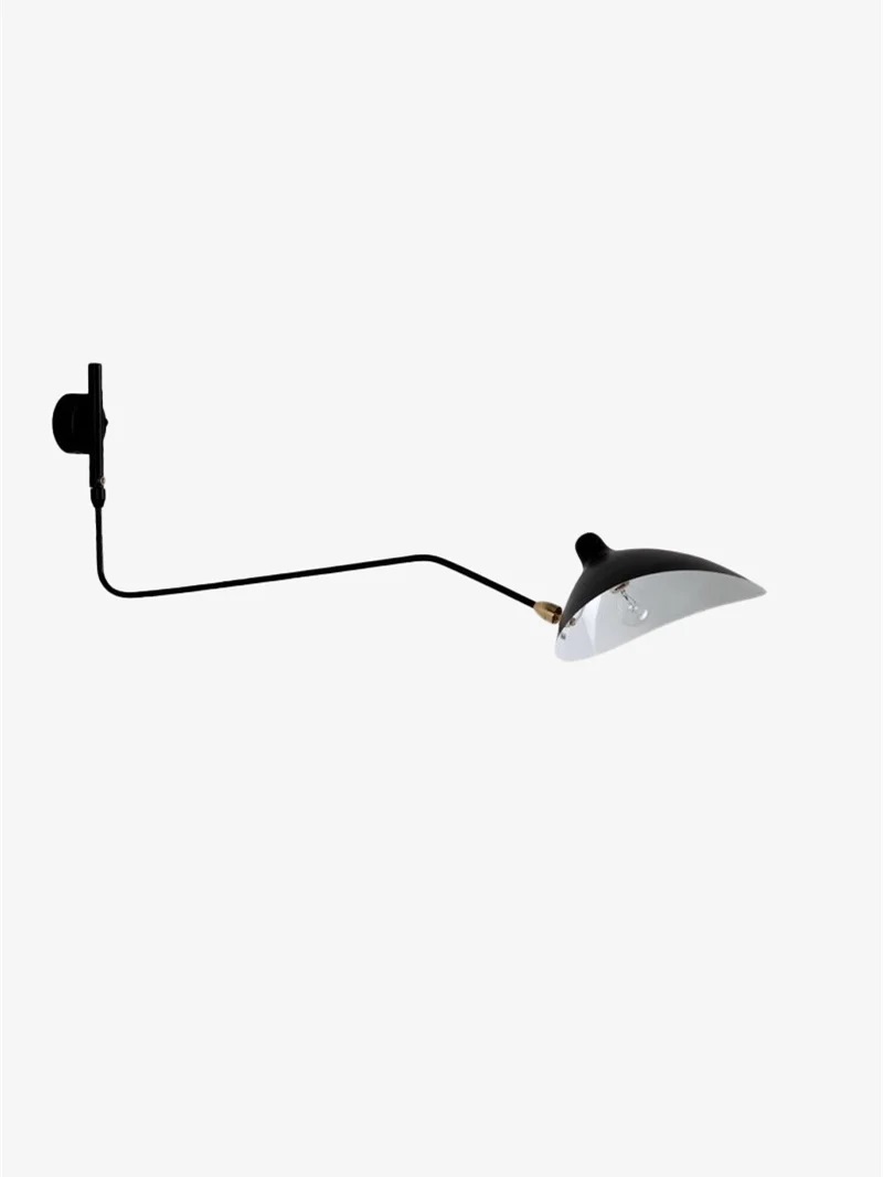 Black single-head wall light isolated on white with an angular arm, flared shade, white interior and round mounting plate