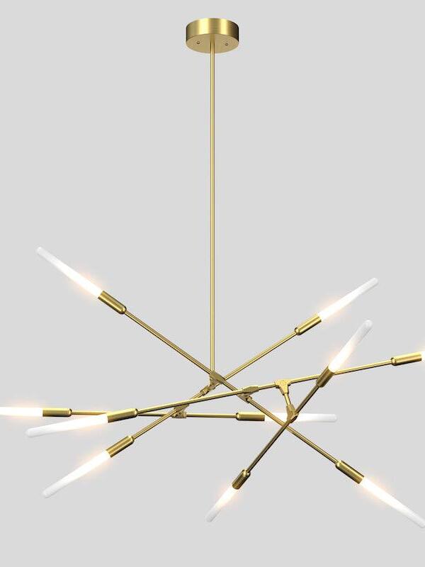 Horizontal gold-coloured Dawn chandelier with pale lights extending along its branches