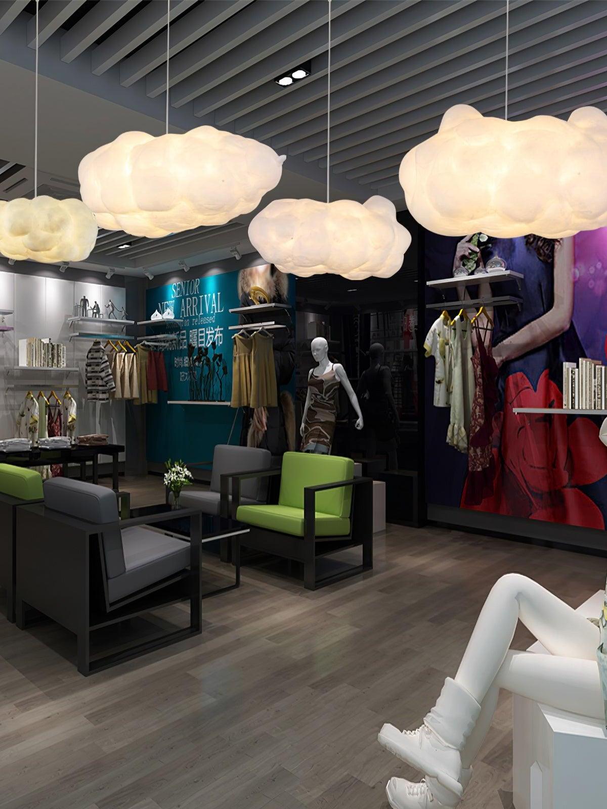 Cloud shades suspended above an indoor seating area