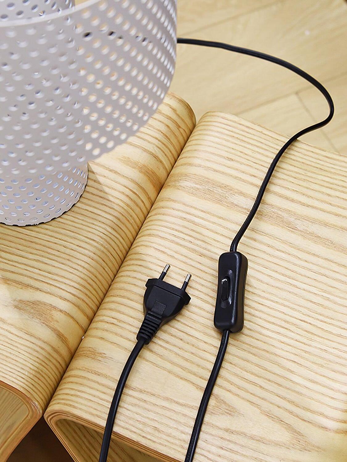 Perforated lamp beside black inline switch and two-pin plug