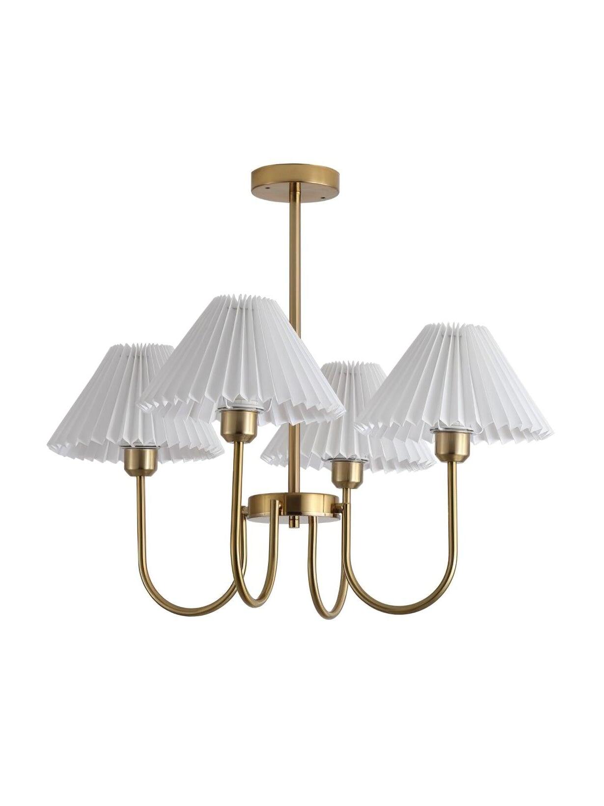 Four-shade Lenore chandelier with white pleated shades and a round gold-tone canopy