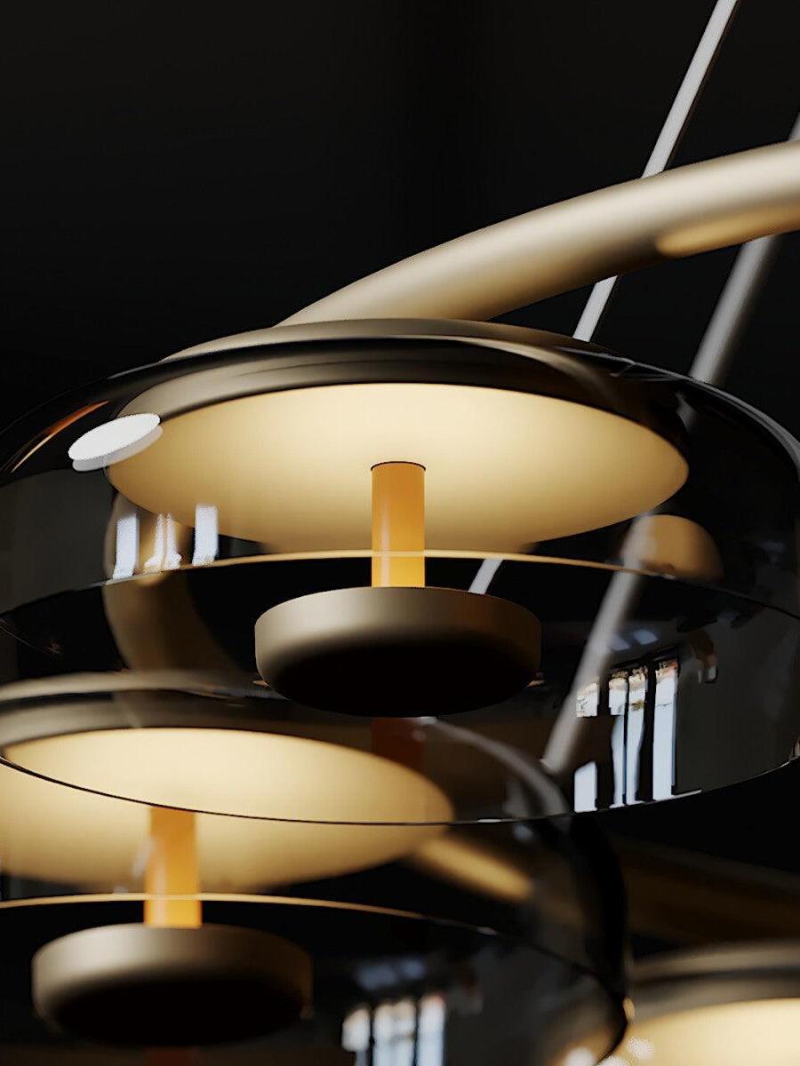Close detail of the glowing LED element inside a clear glass shade