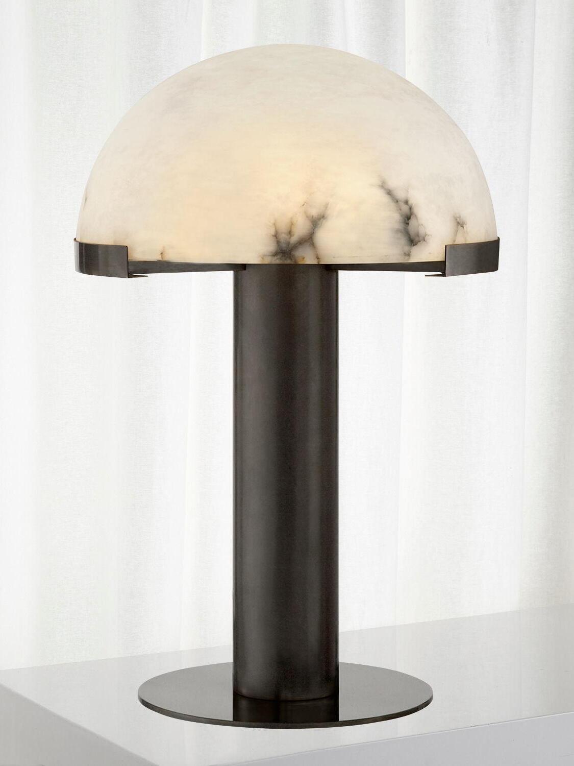 Melange table lamp with a veined pale dome, black cylindrical stem and thin round base