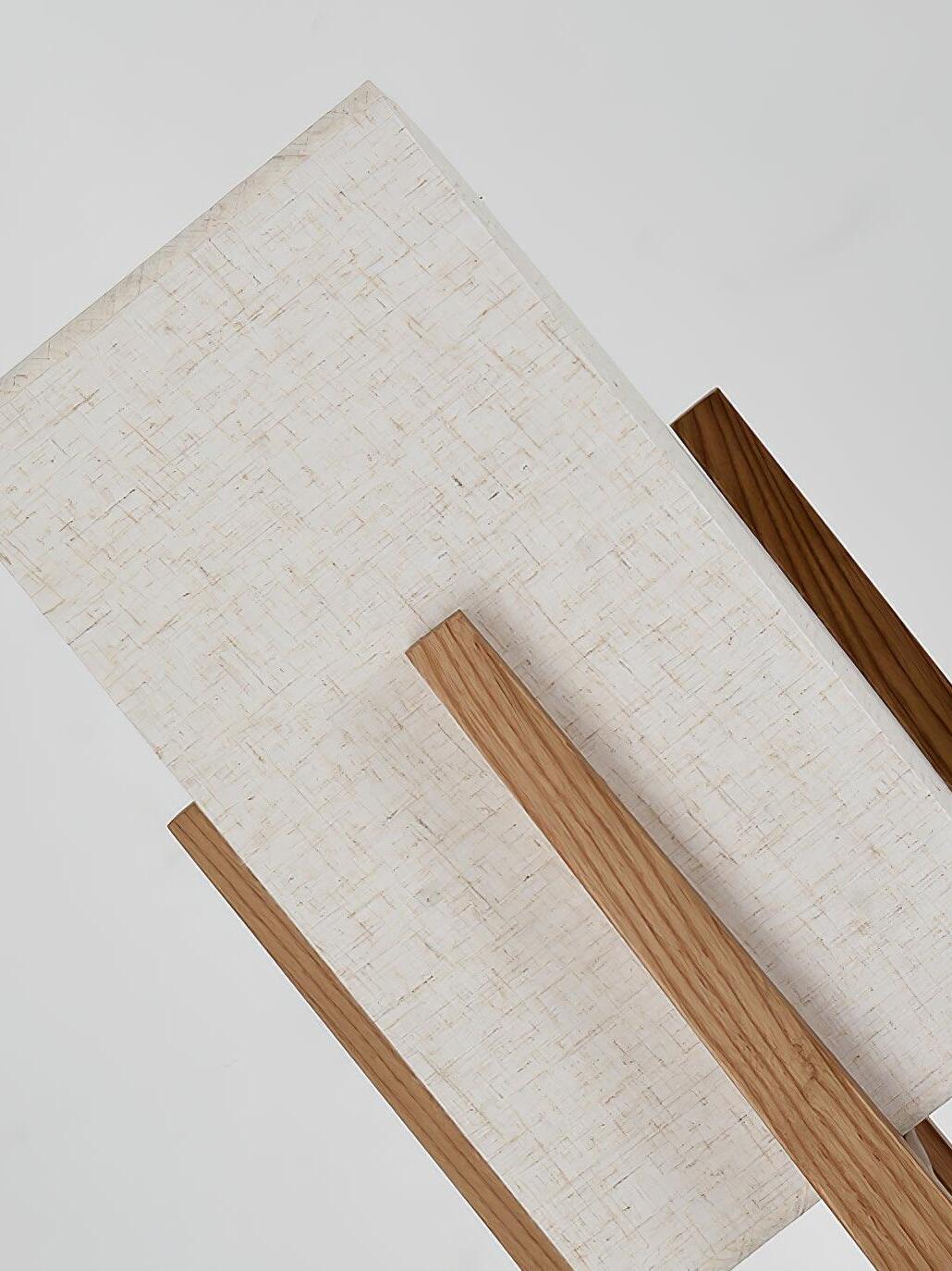 White fabric shade and wood supports close-up