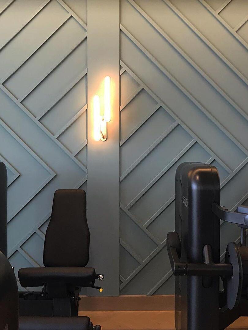 Distant lit staggered grille bars on a Gray paneled wall beside Black gym equipment