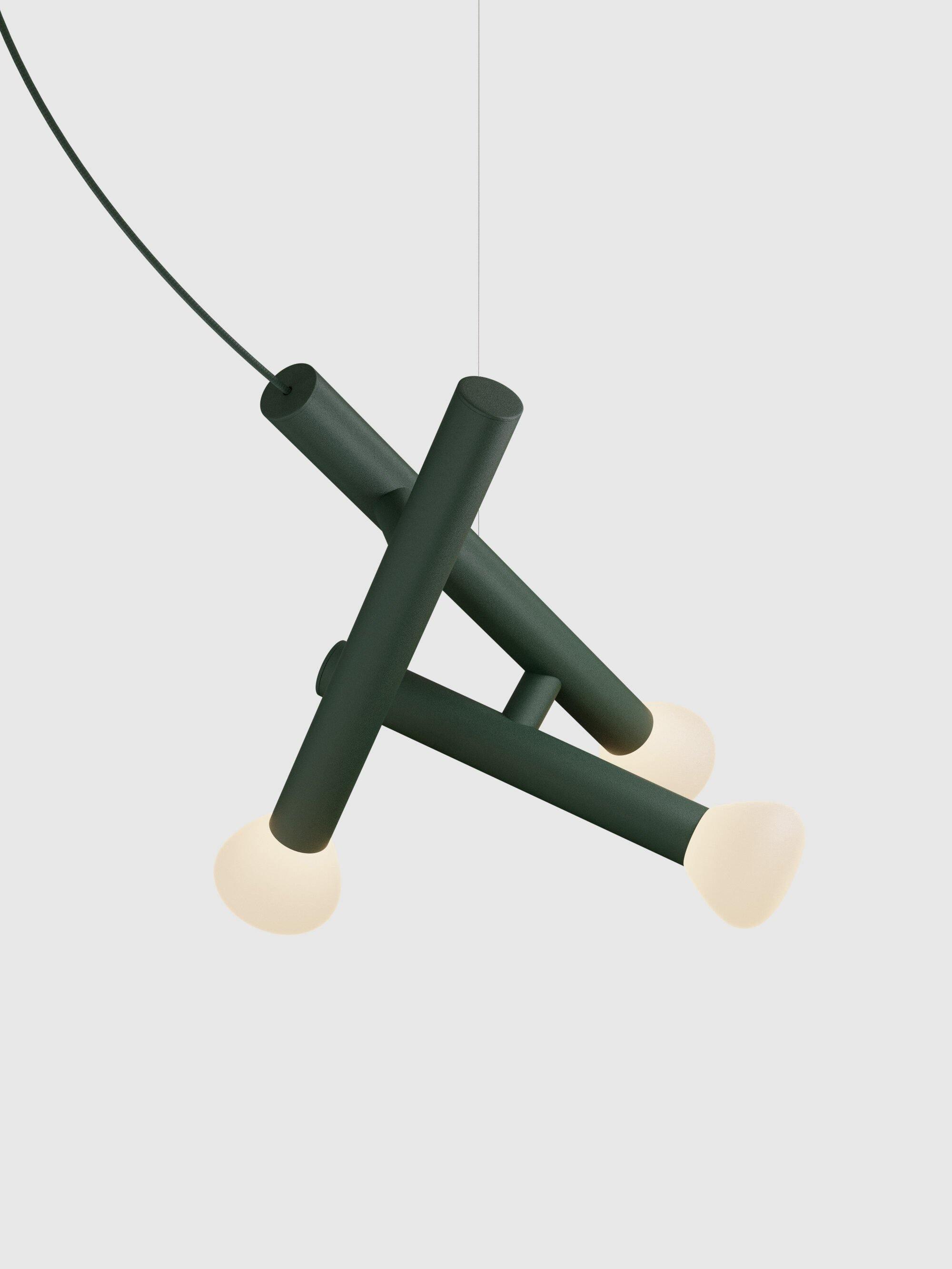 Dark green tube pendant with three white shades