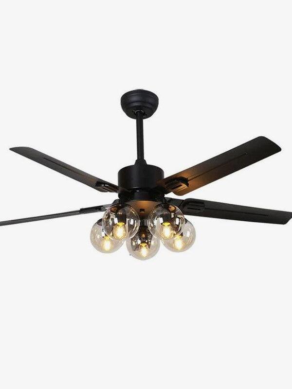 Model A black five-blade ceiling fan with round glass globes below the motor