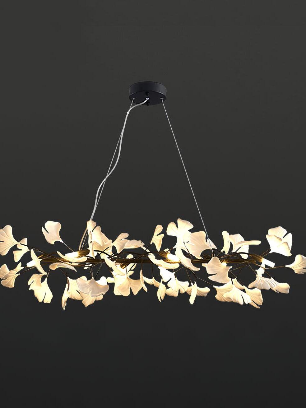 Black and white elongated Gingko M leaf chandelier
