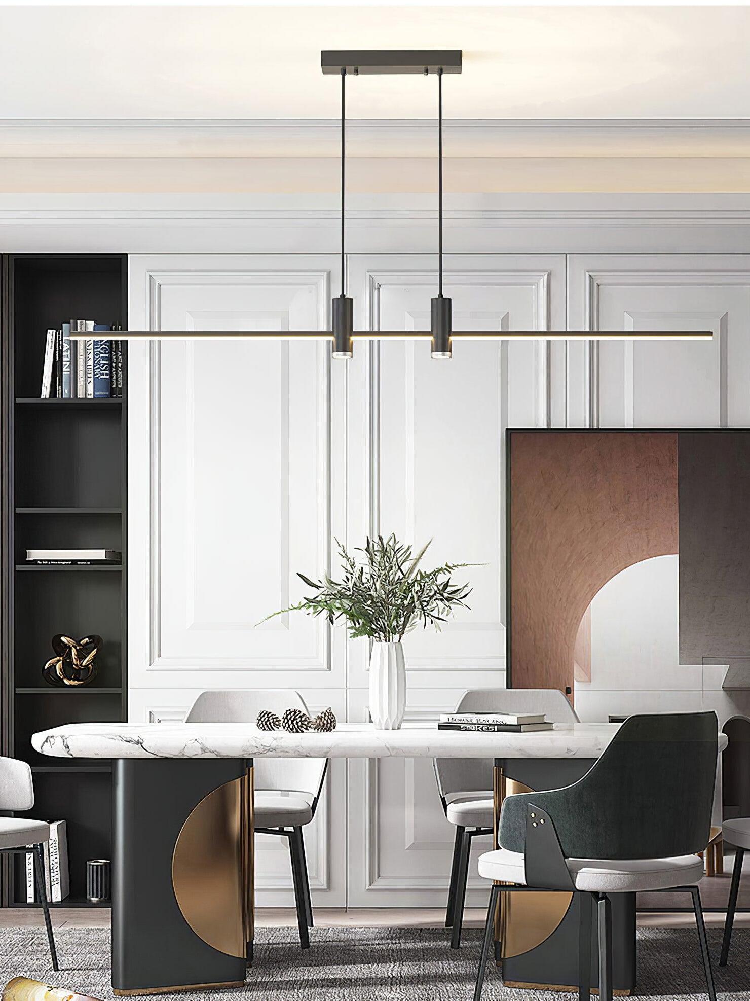 Single horizontal light bar above a dining area