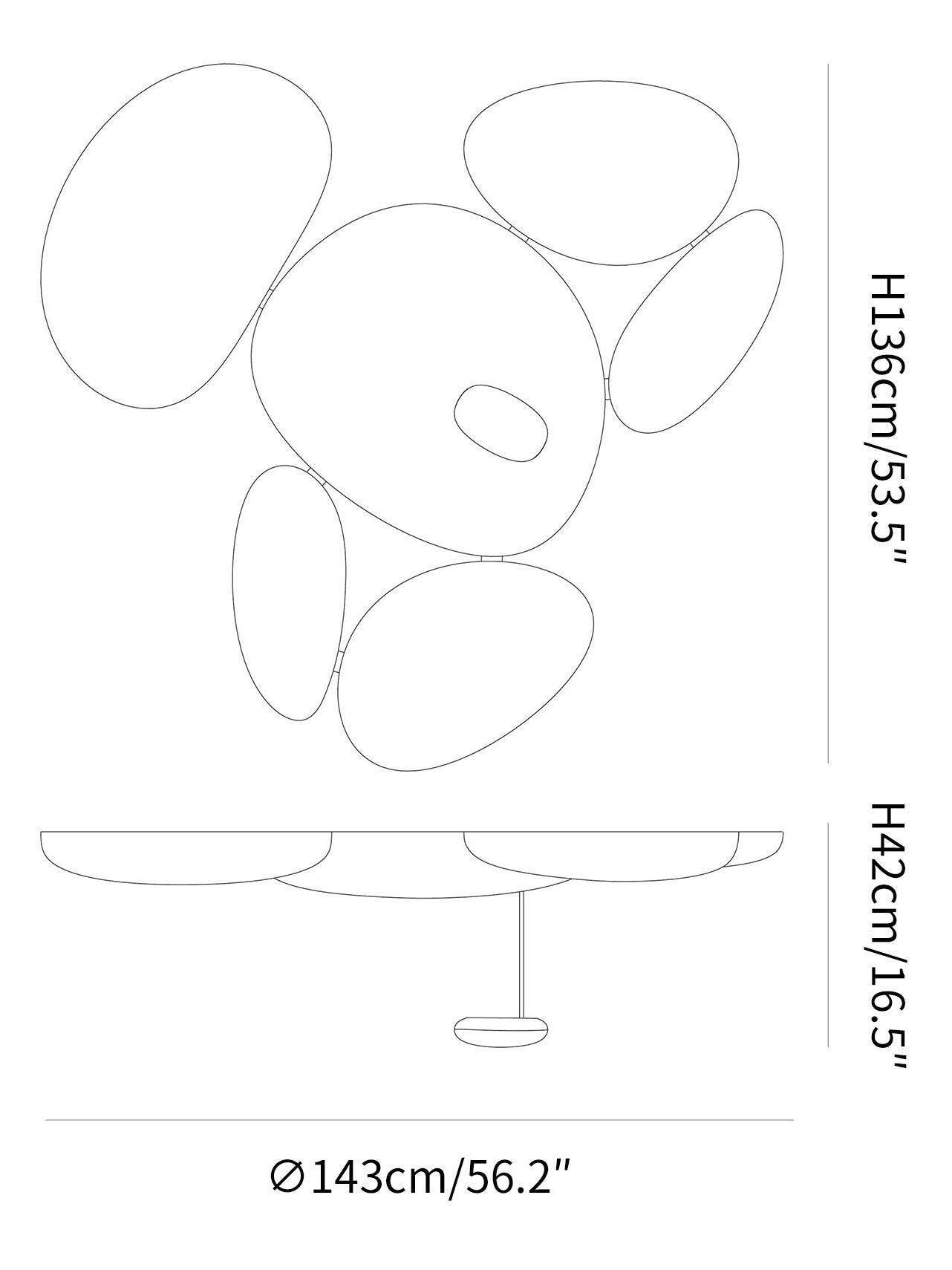 Pebble cluster plan marked 143 by 136 cm and side view with 42 cm height
