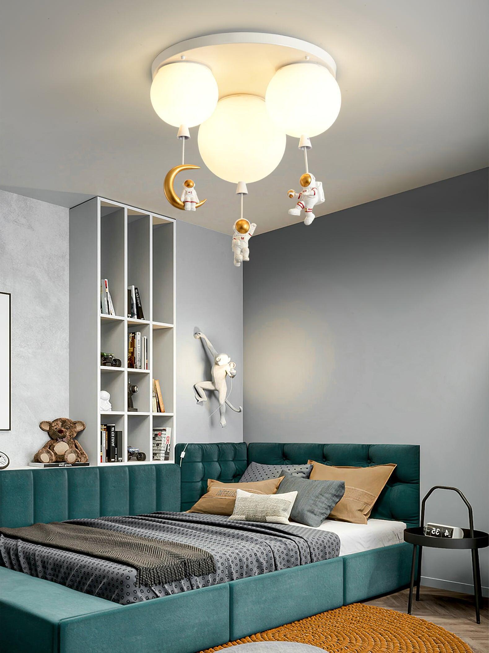 Pale balloon ceiling light in a bedroom with shelves