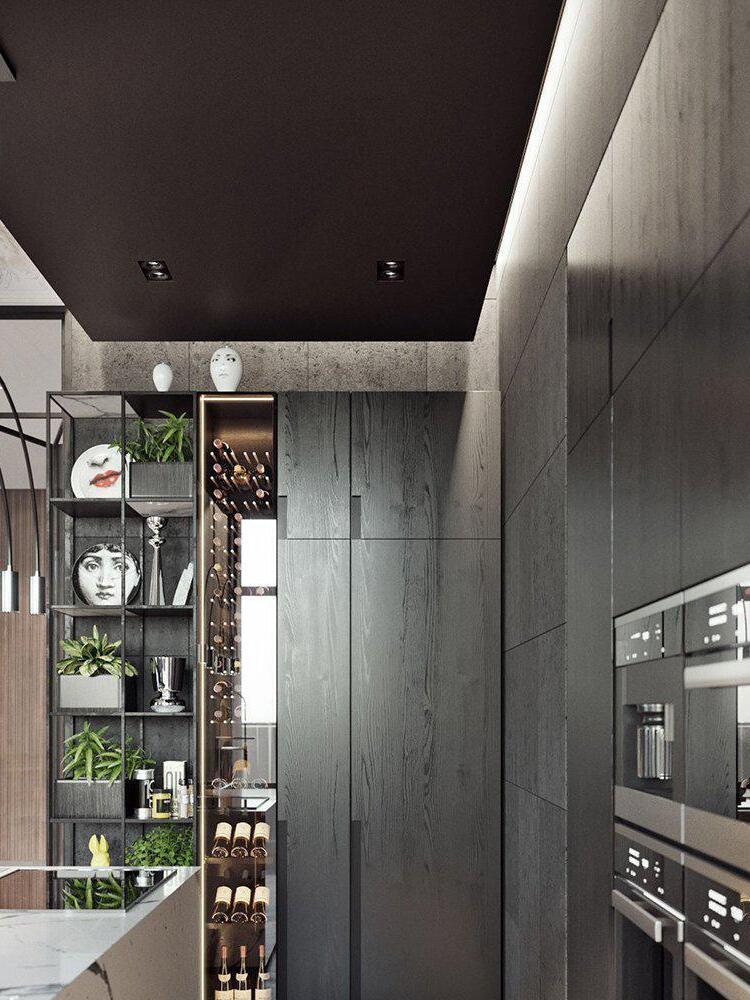 Black arched pendant in an interior kitchen
