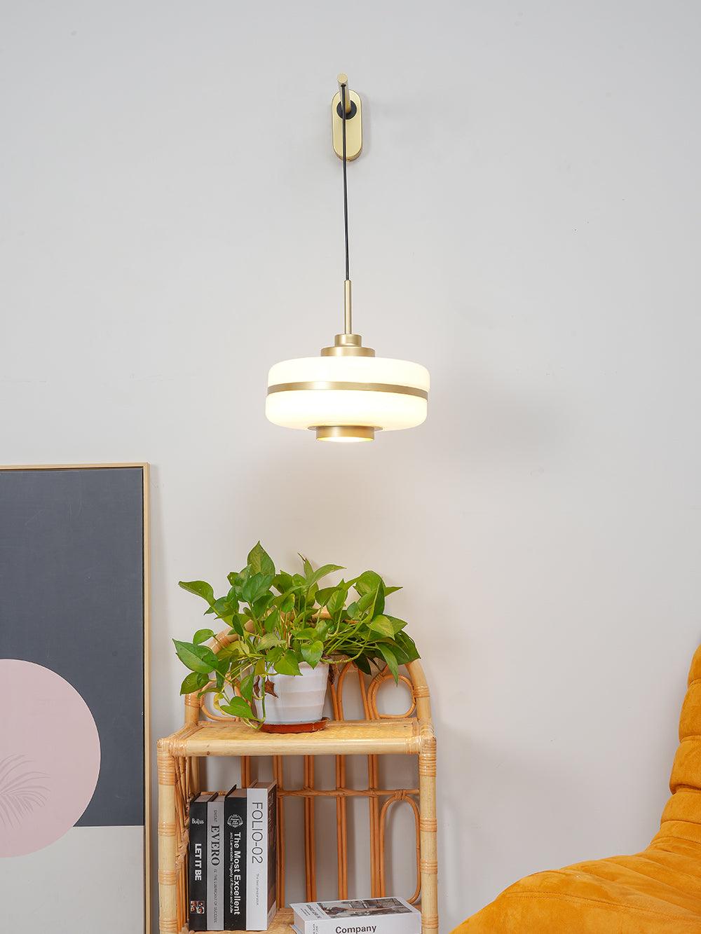 Front view of hanging banded shade above plant stand and books