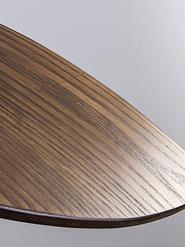 Close view of the pointed curved wing, wood-grain surface and dark edge