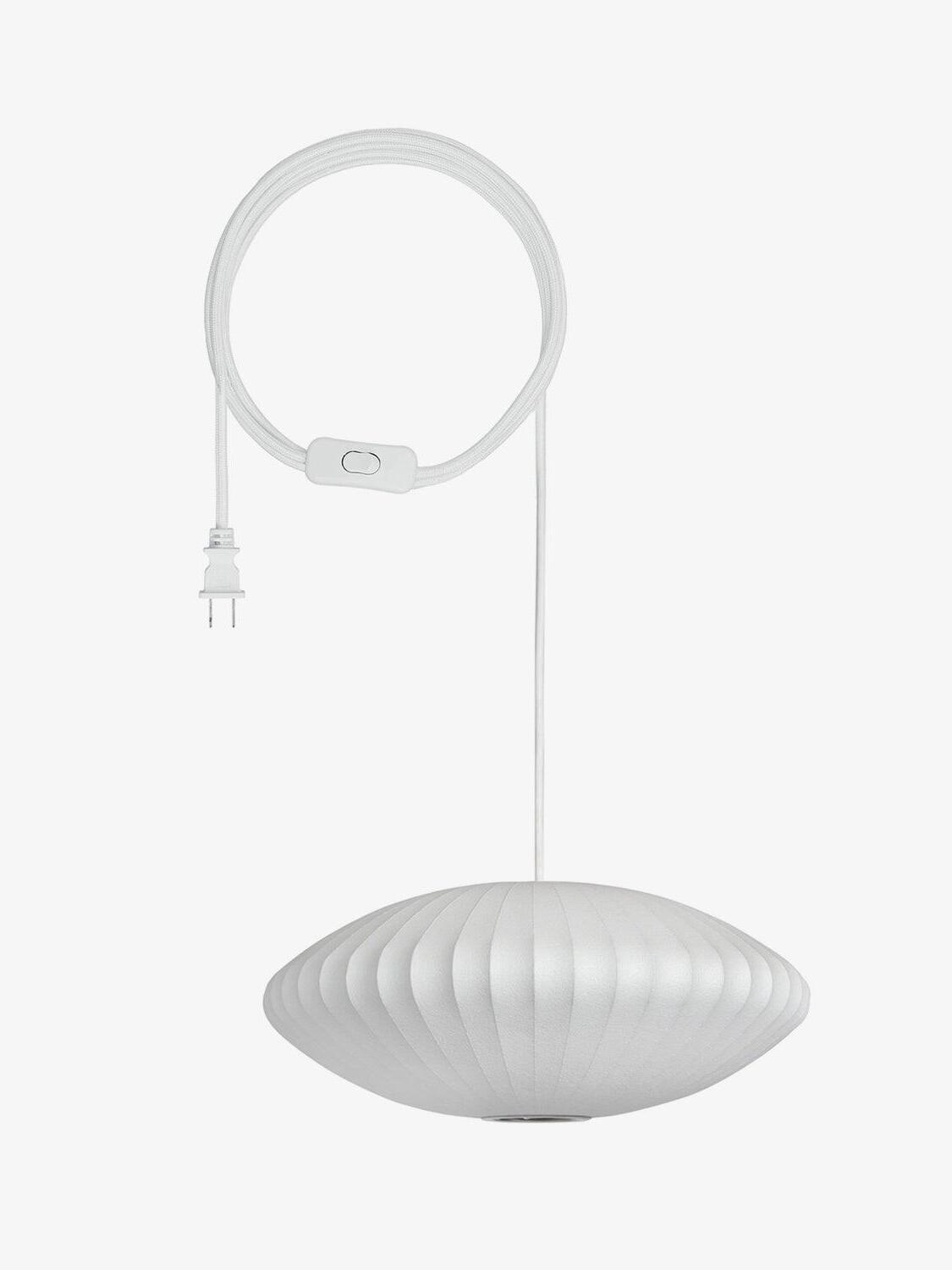 White flattened oval ribbed pendant shade with coiled cord, inline switch and two-prong plug