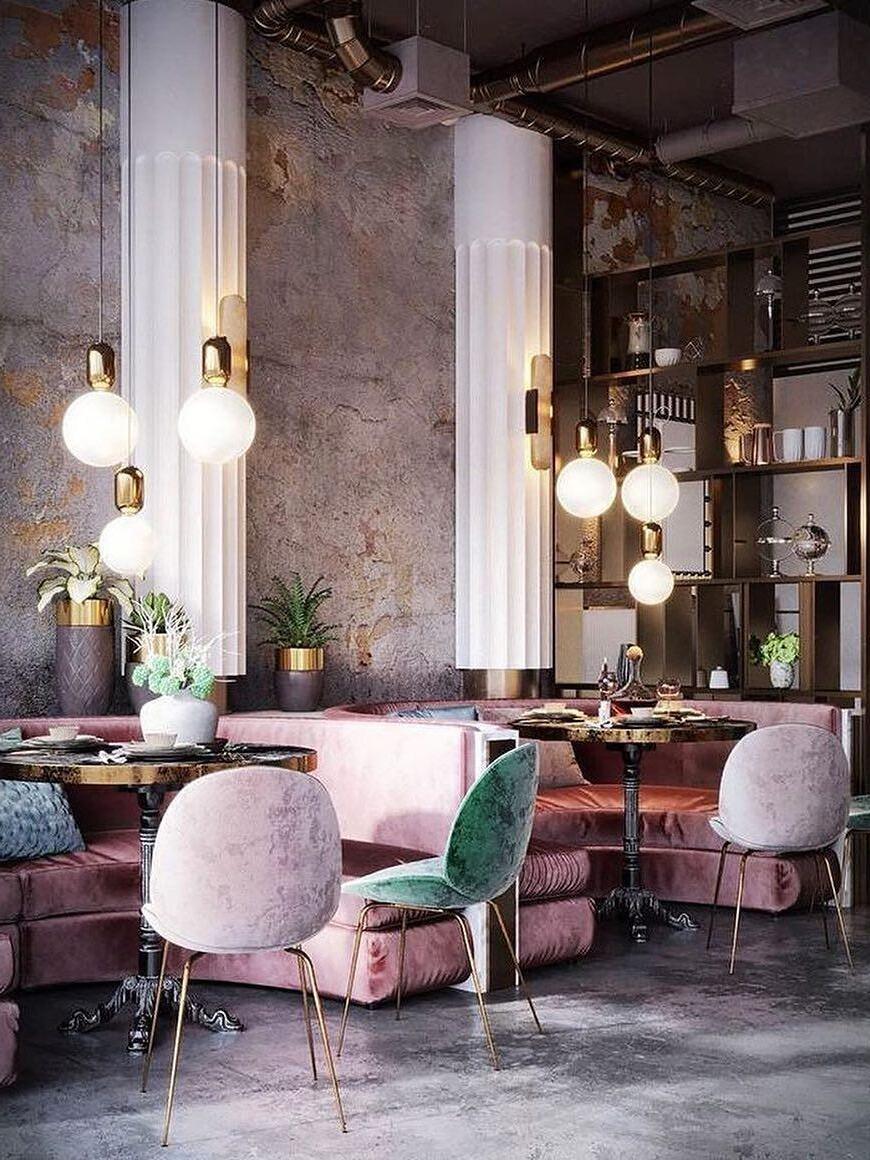 White globe pendants above restaurant tables