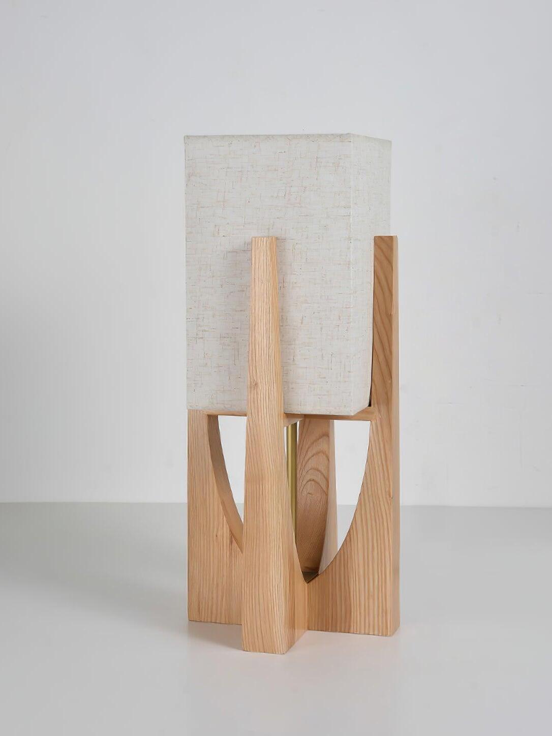Short Wood color lamp with white fabric shade