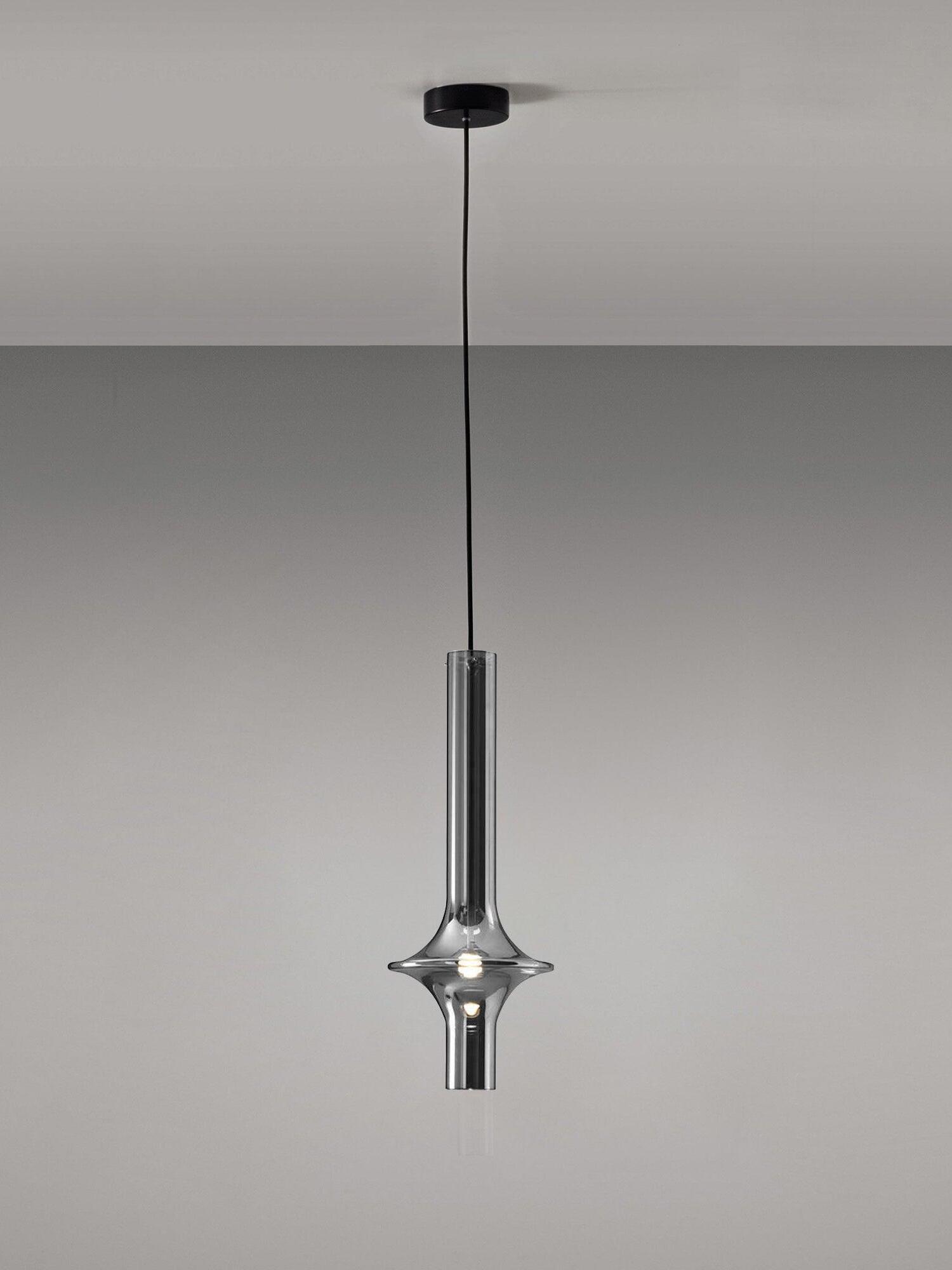 Single smoky flared glass pendant with black central stem, black round canopy and black suspension cable