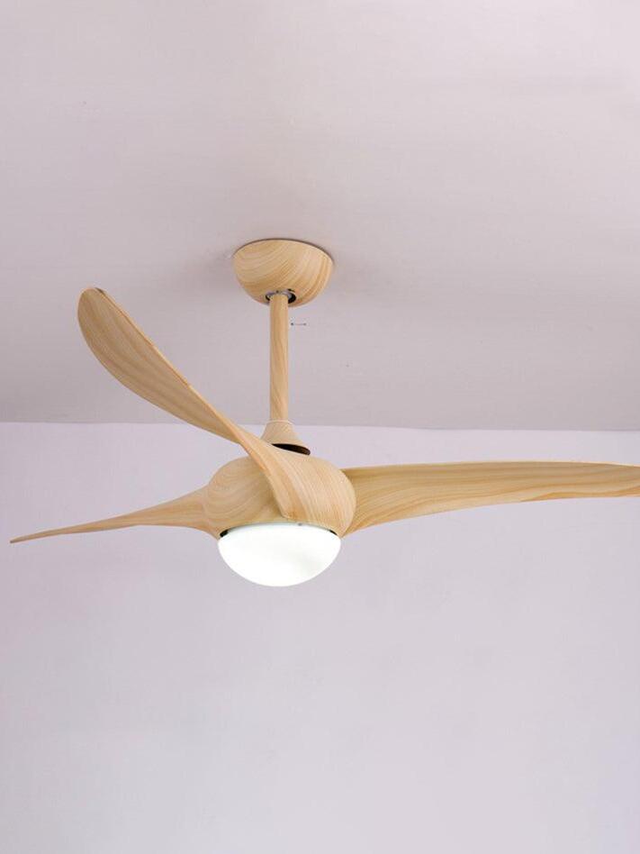 Pale woodgrain-looking three-blade fan with a bright round light, straight rod and matching canopy on a pale ceiling