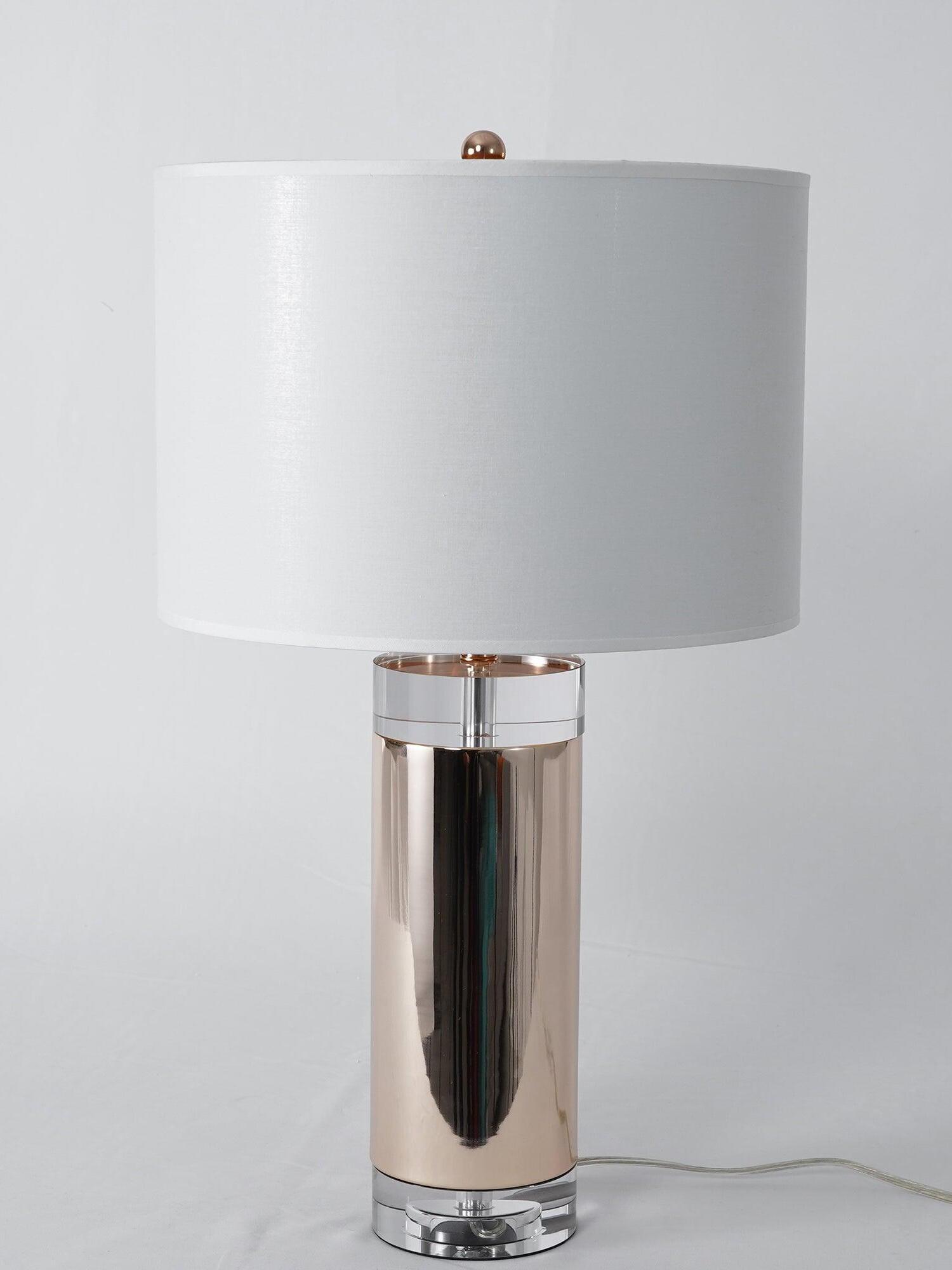 Closer unlit white drum shade and reflective cylindrical body with clear sections