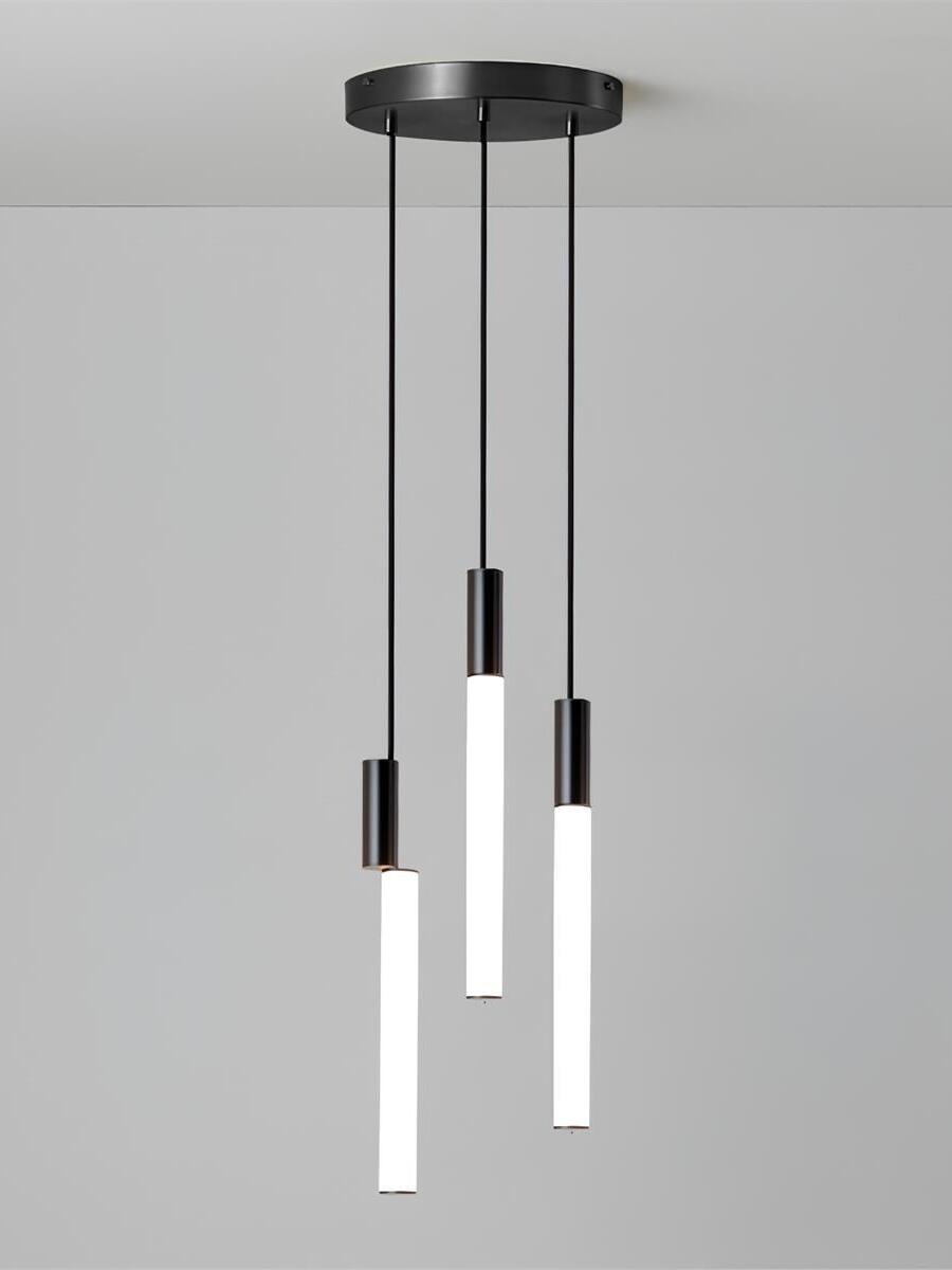 Three black-top white tube pendants below round canopy