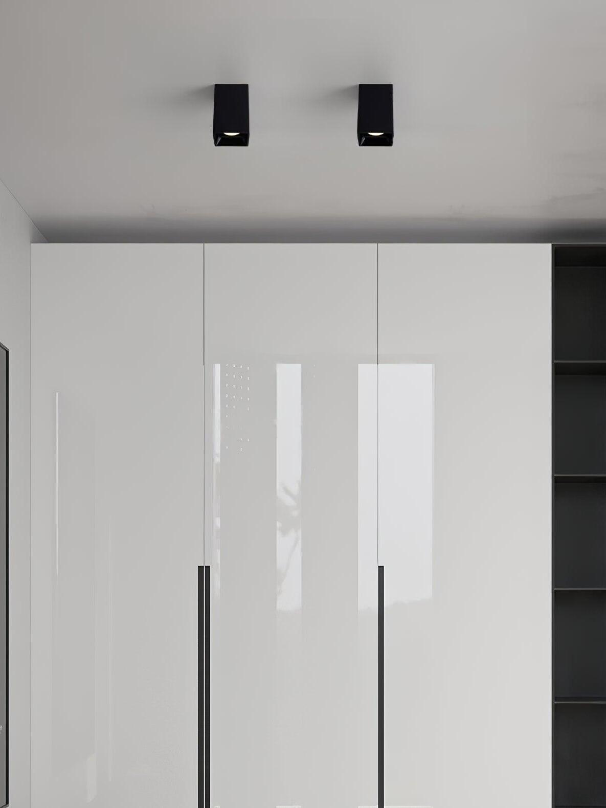 Two black square ceiling spots above glossy white wardrobe doors with dark handles