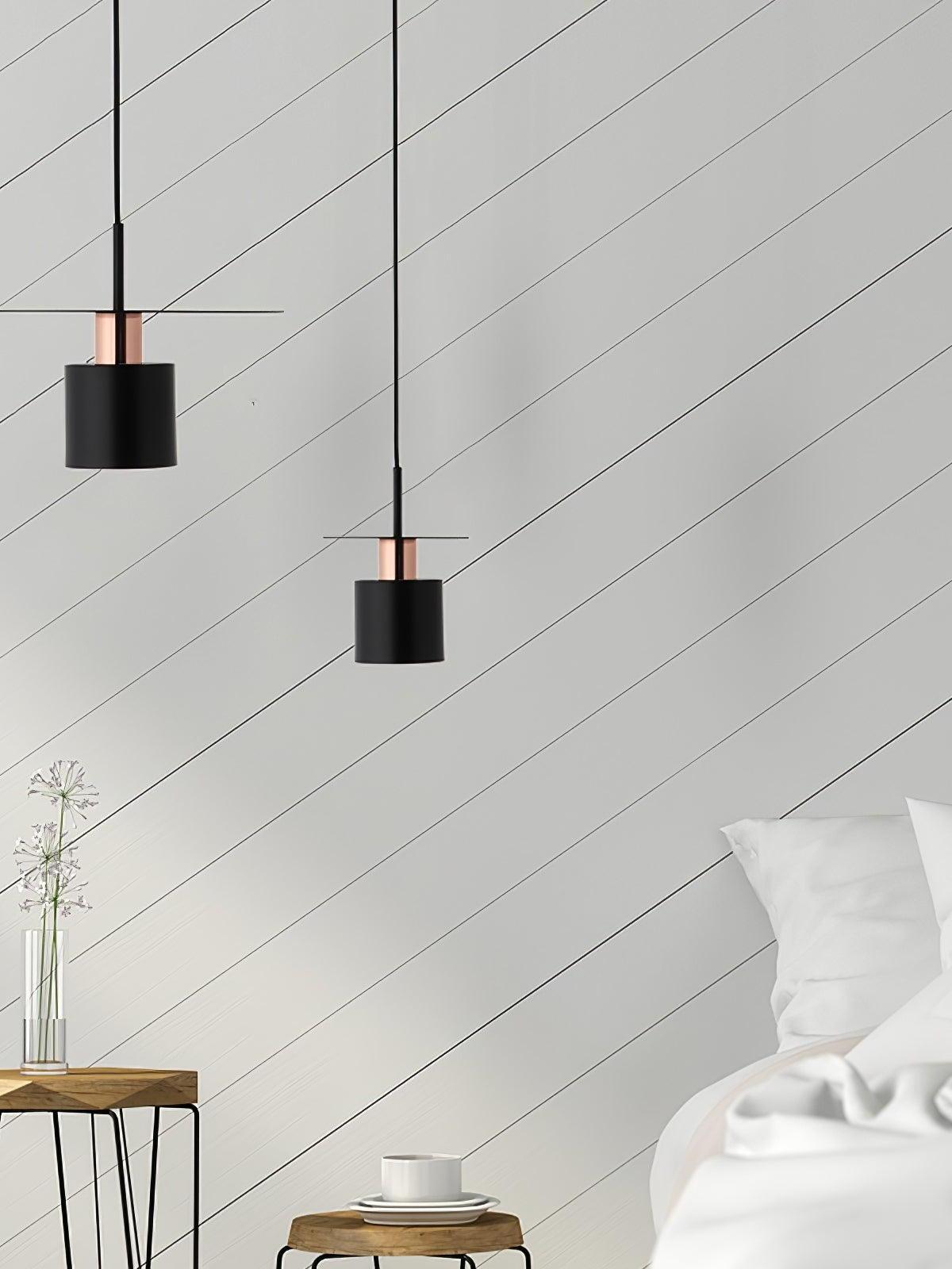 Two black disc pendants above paneled wall
