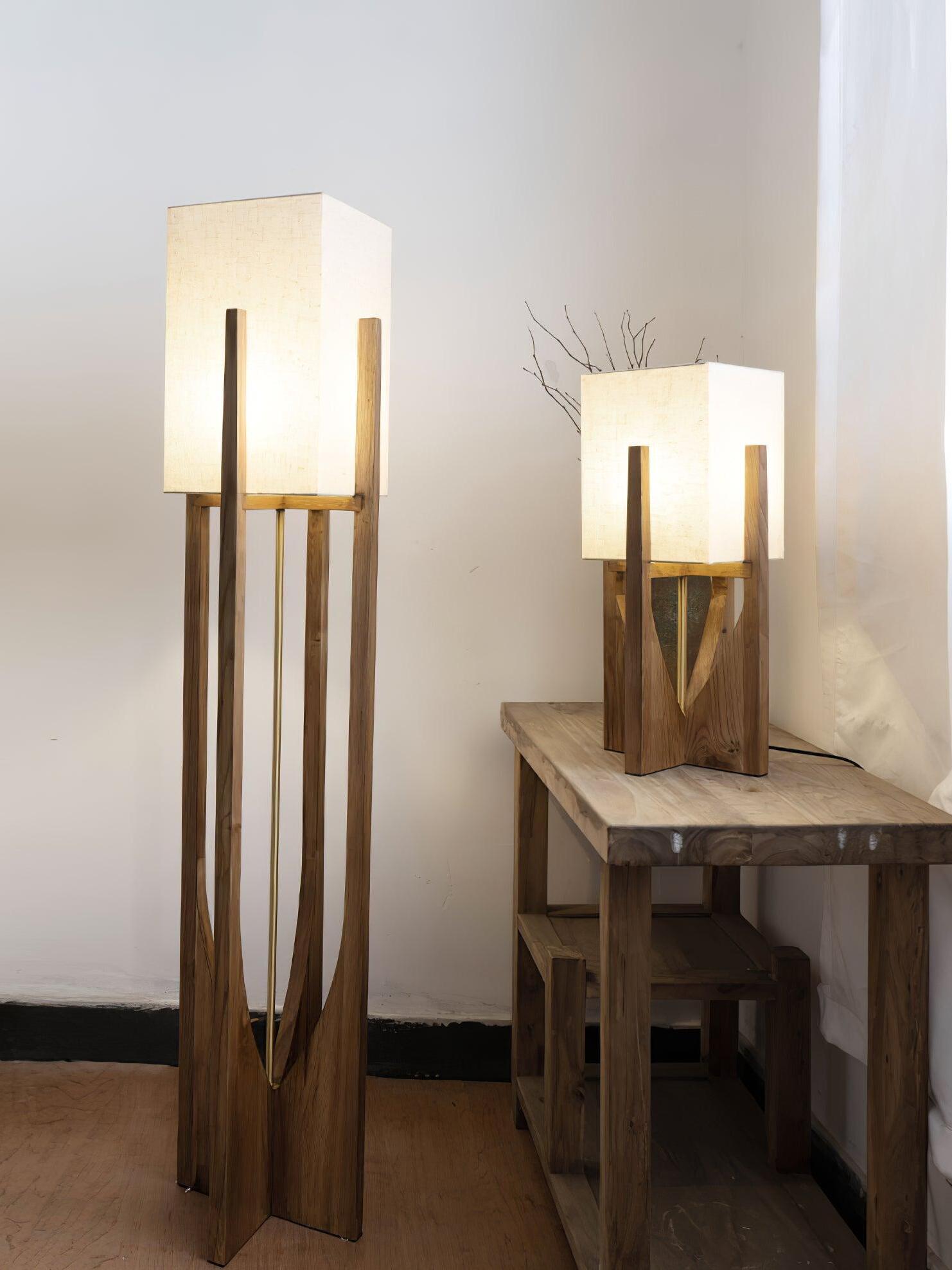 Tall lamp with shorter lamp on console
