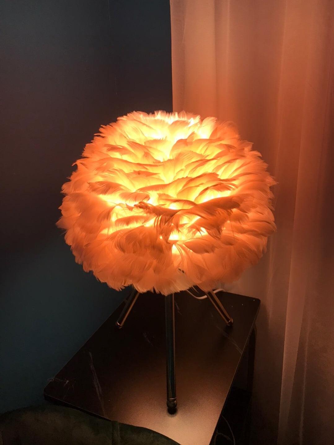 Orange-looking lit feather shade in dark corner
