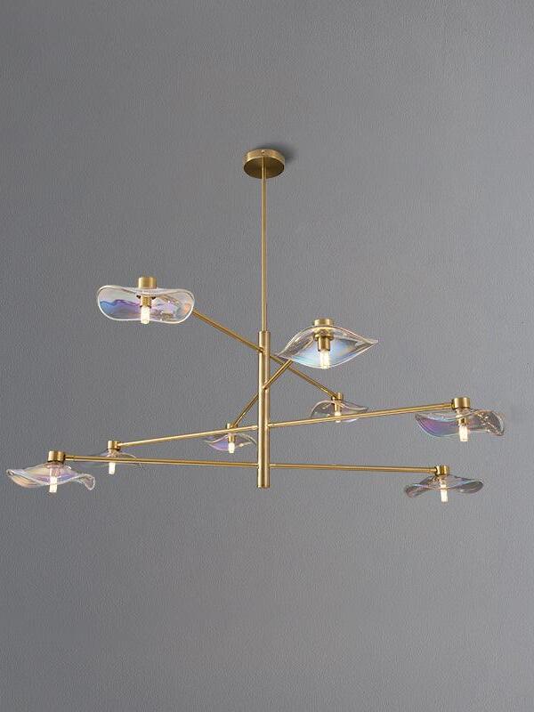 Gold eight-light Calla chandelier with clear glass shades on tiered arms