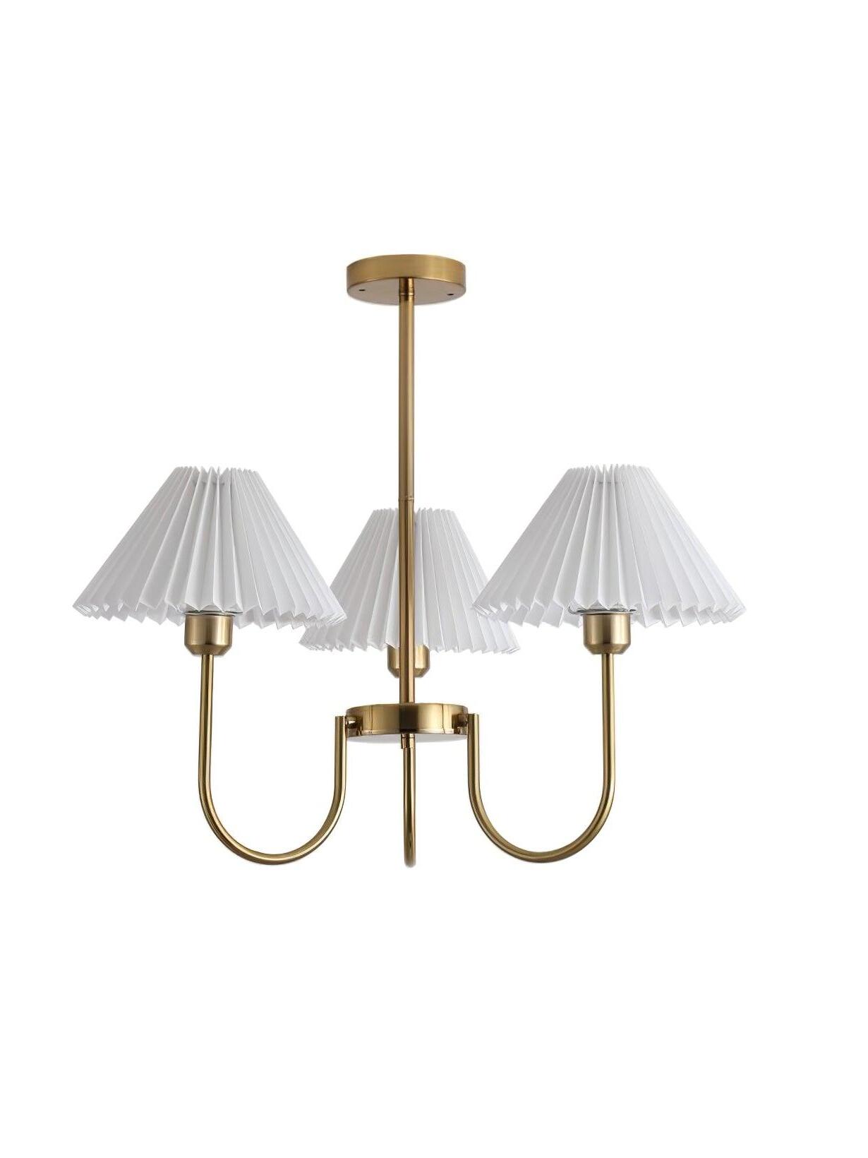 Three-shade Lenore chandelier with white pleated shades and curved gold-tone arms