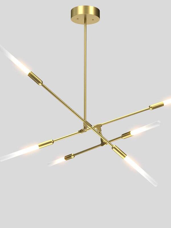 Gold-coloured Dawn chandelier with crossing slender arms and pale tubular tips