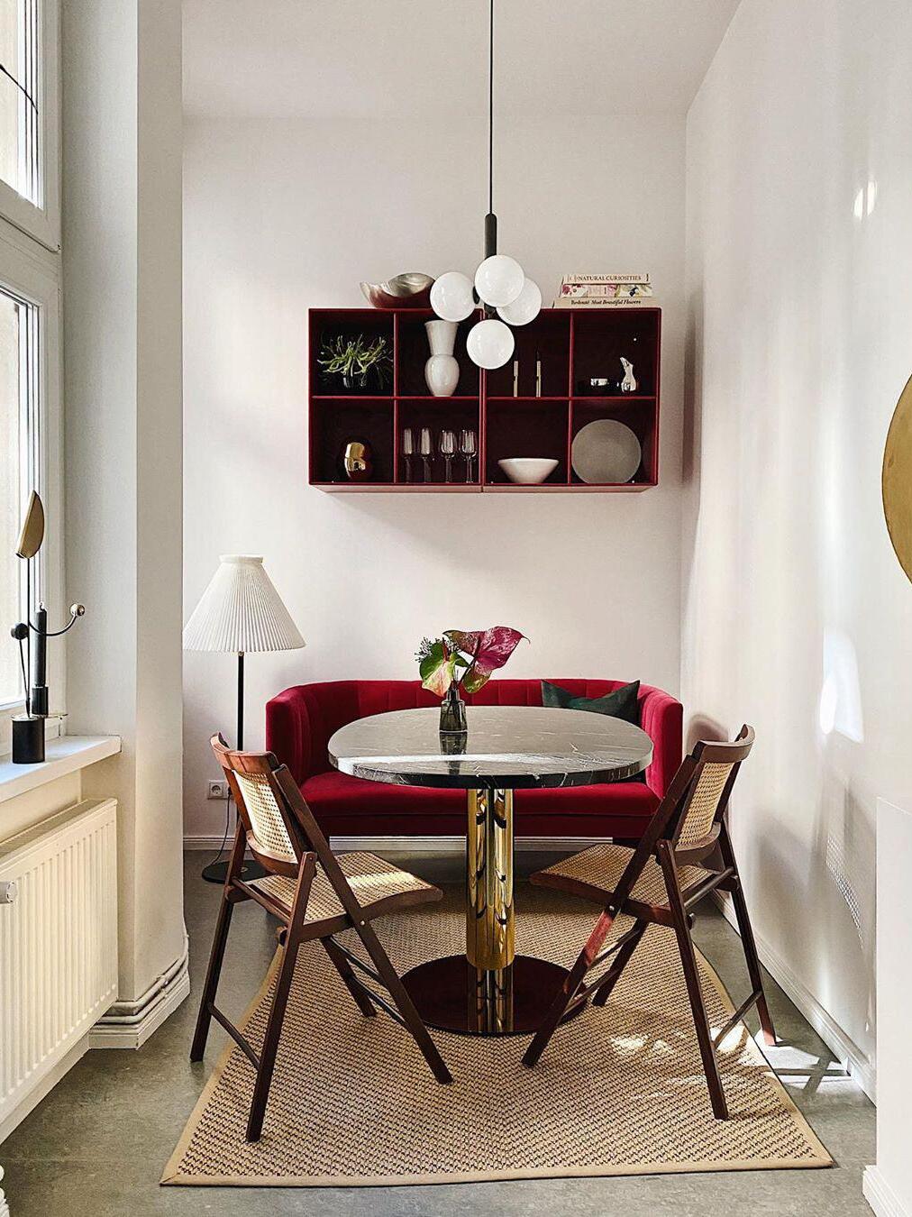 White globe cluster in a compact dining nook