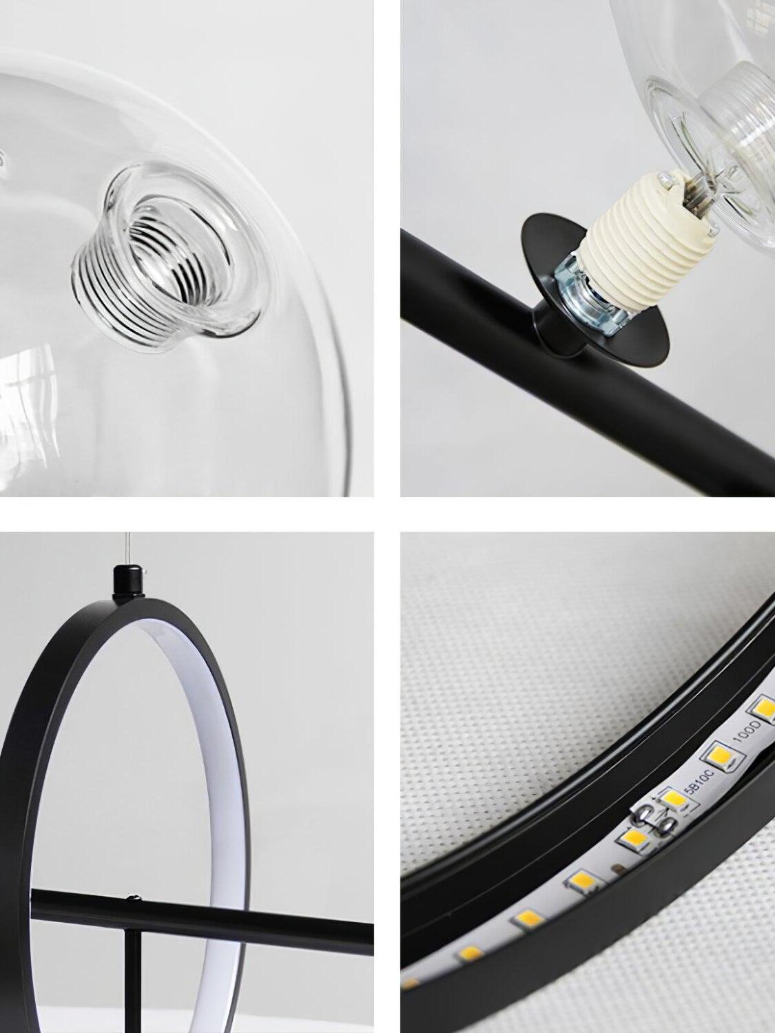 Detail collage of glass attachment, bulb fitting and LED ring strip