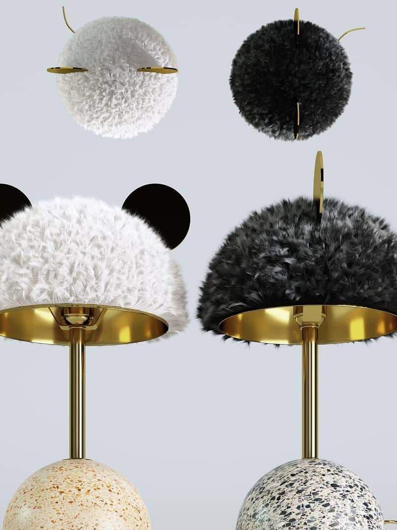 Composite top and underside views of pale and dark plush shades with reflective interiors