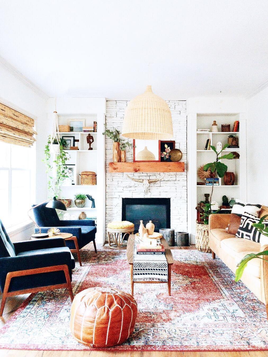 Natural pendant above a bright patterned lounge