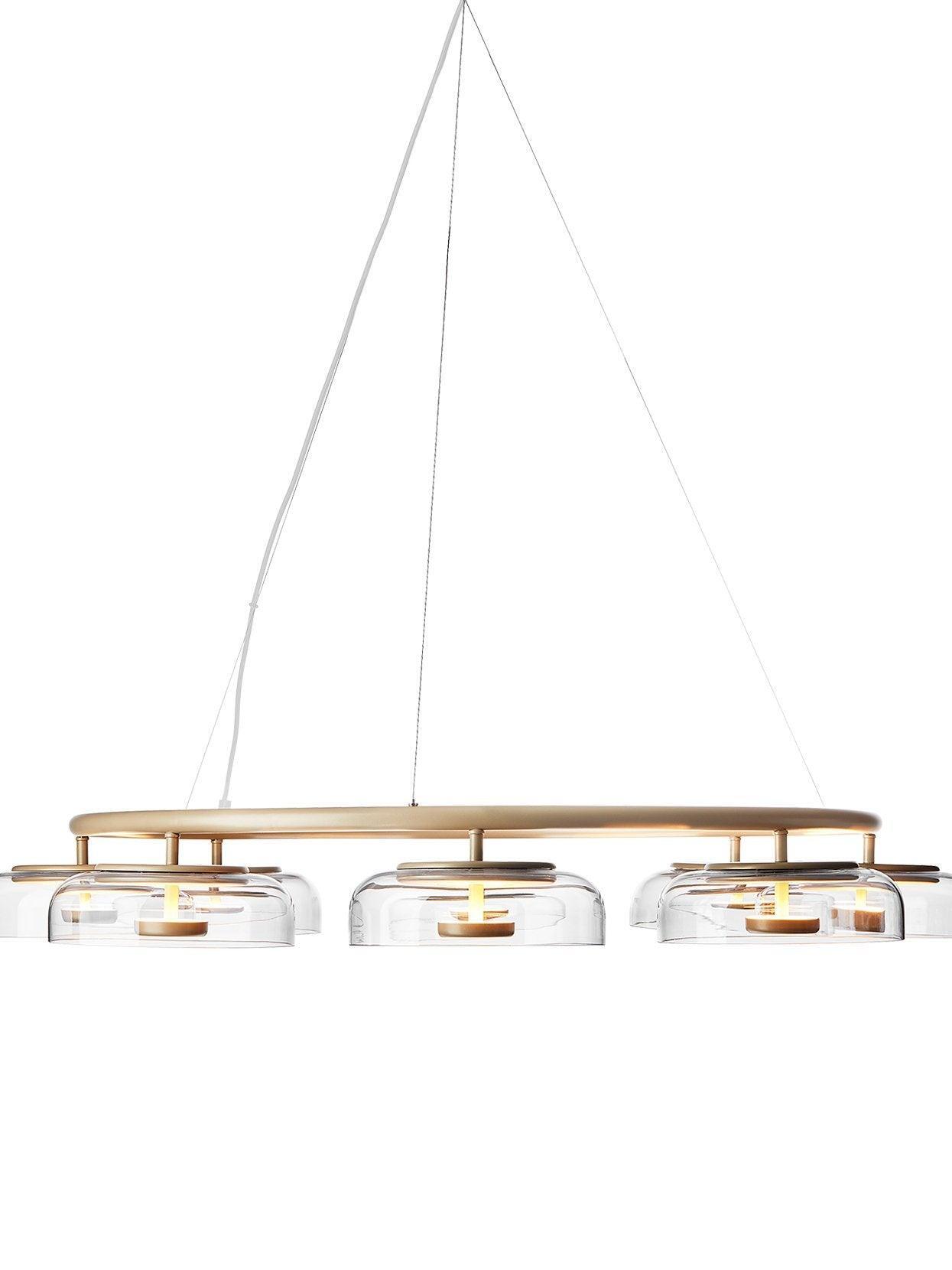 Low side profile of the ring and suspended glass shades