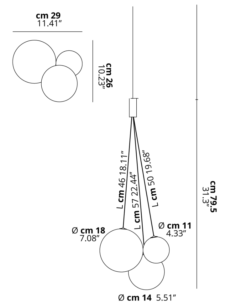 Three-globe size drawing showing a 29 by 26 cm footprint, 18, 14 and 11 cm globes, branch lengths and a 79.5 cm vertical label