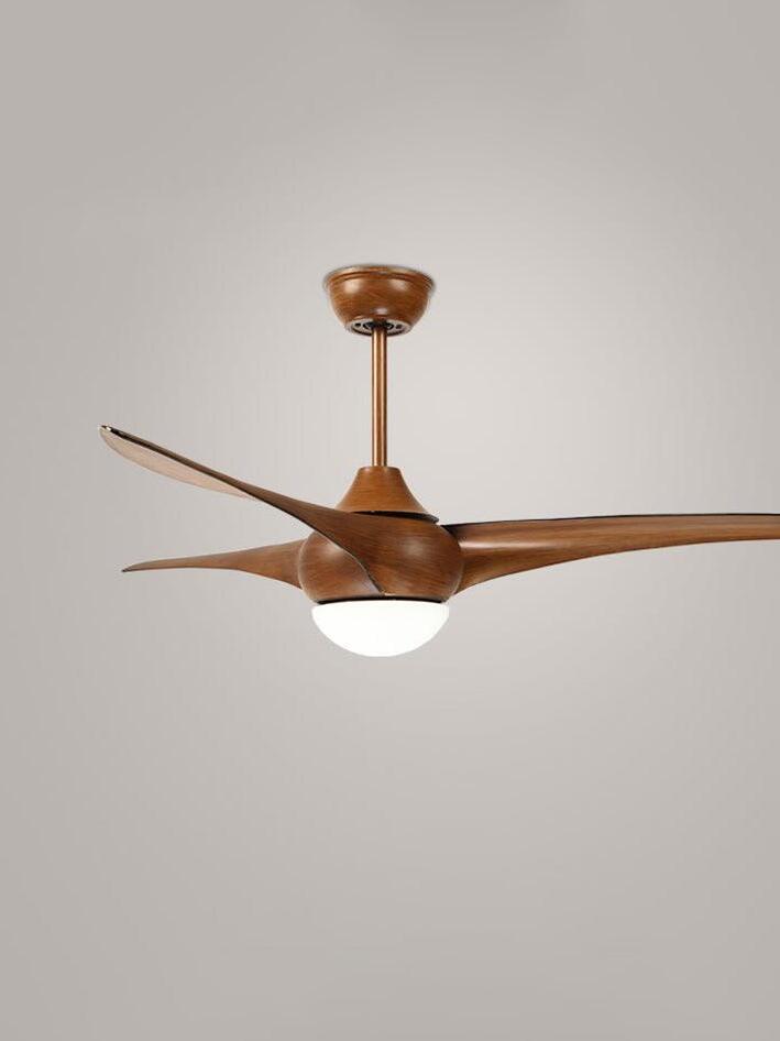 Low side view of a brown three-blade ceiling fan with glowing lower diffuser and straight rod beneath rounded canopy