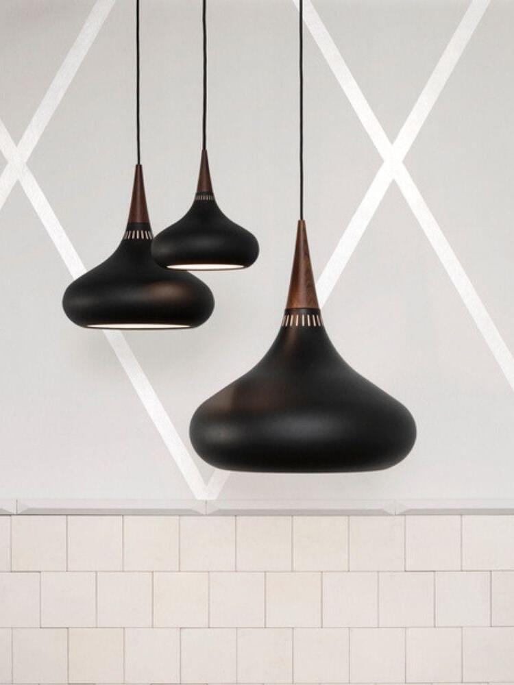Three Black Orient pendants shown at different heights