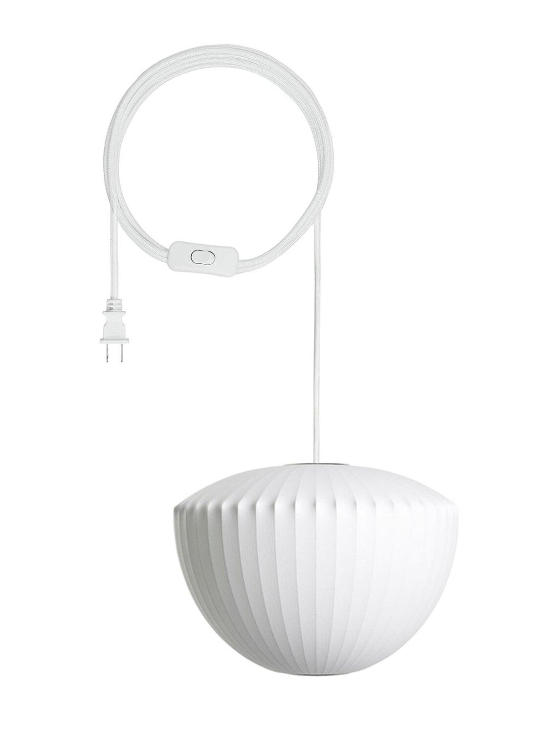 Model H white bowl-shaped pendant with curved ribs, cord, switch and two-prong plug