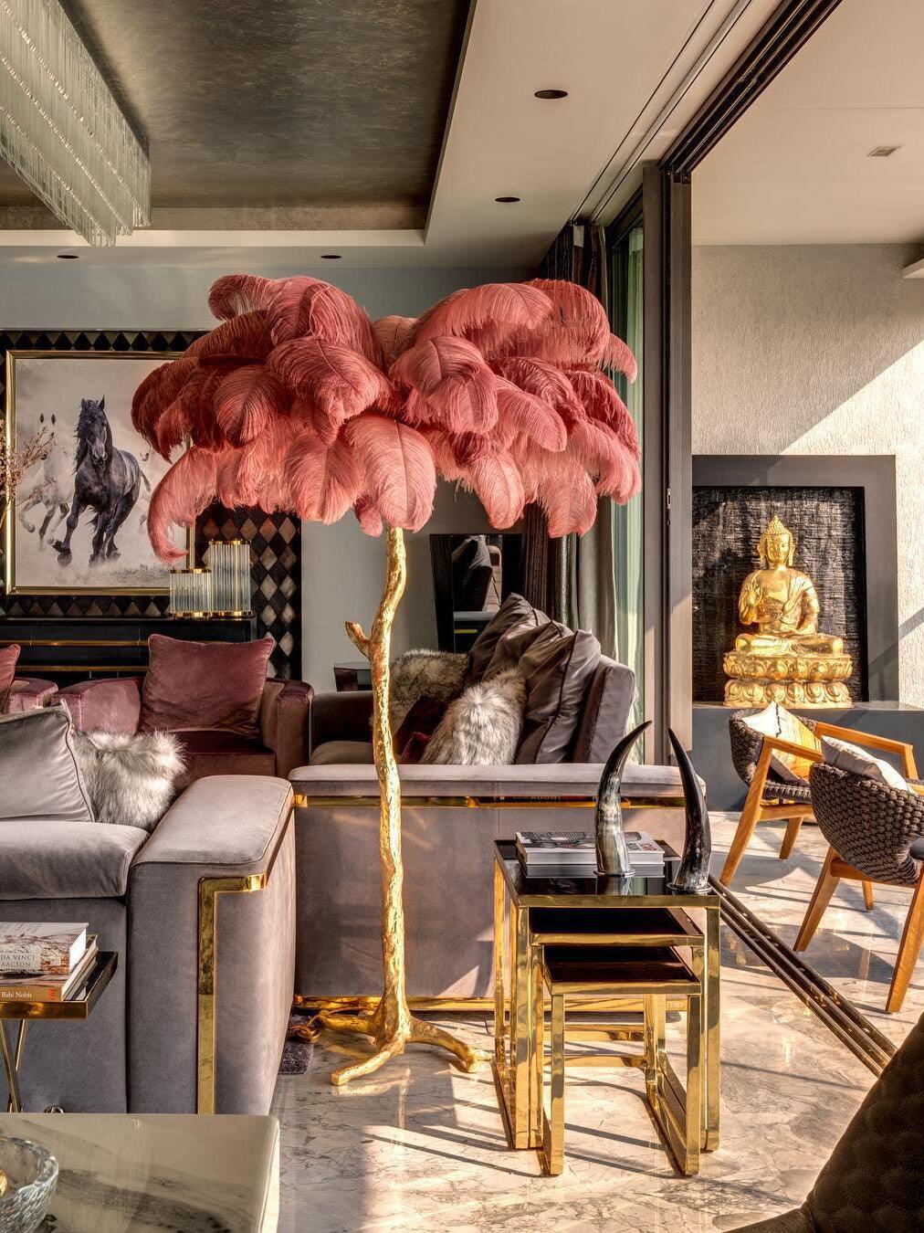 Art Deco Brass Ostrich Feather Floor Lamp - Cueteks