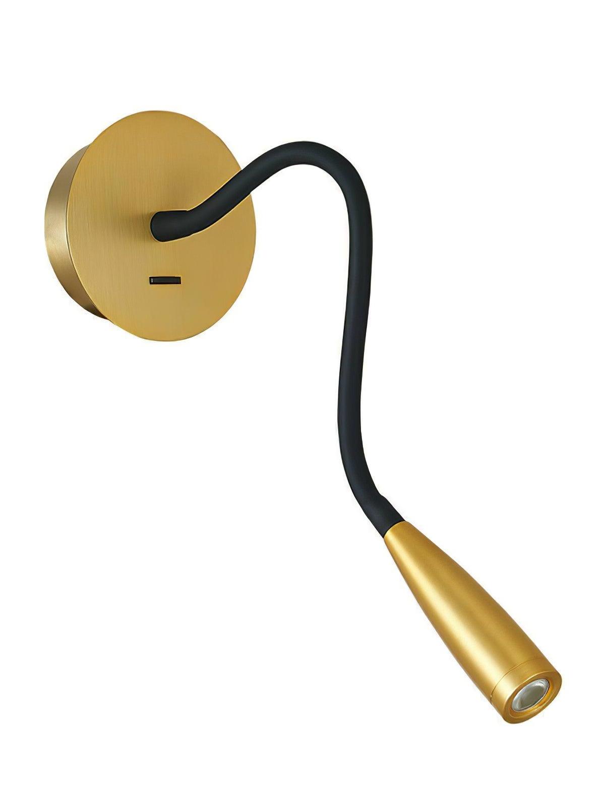 Gold Flexi with round switched plate, dark S-curved arm and tapered head with round lens on pale background
